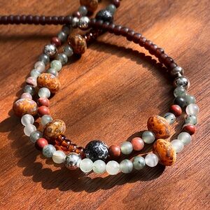 Beaded Necklace with Earthy Tones and Silver Accents